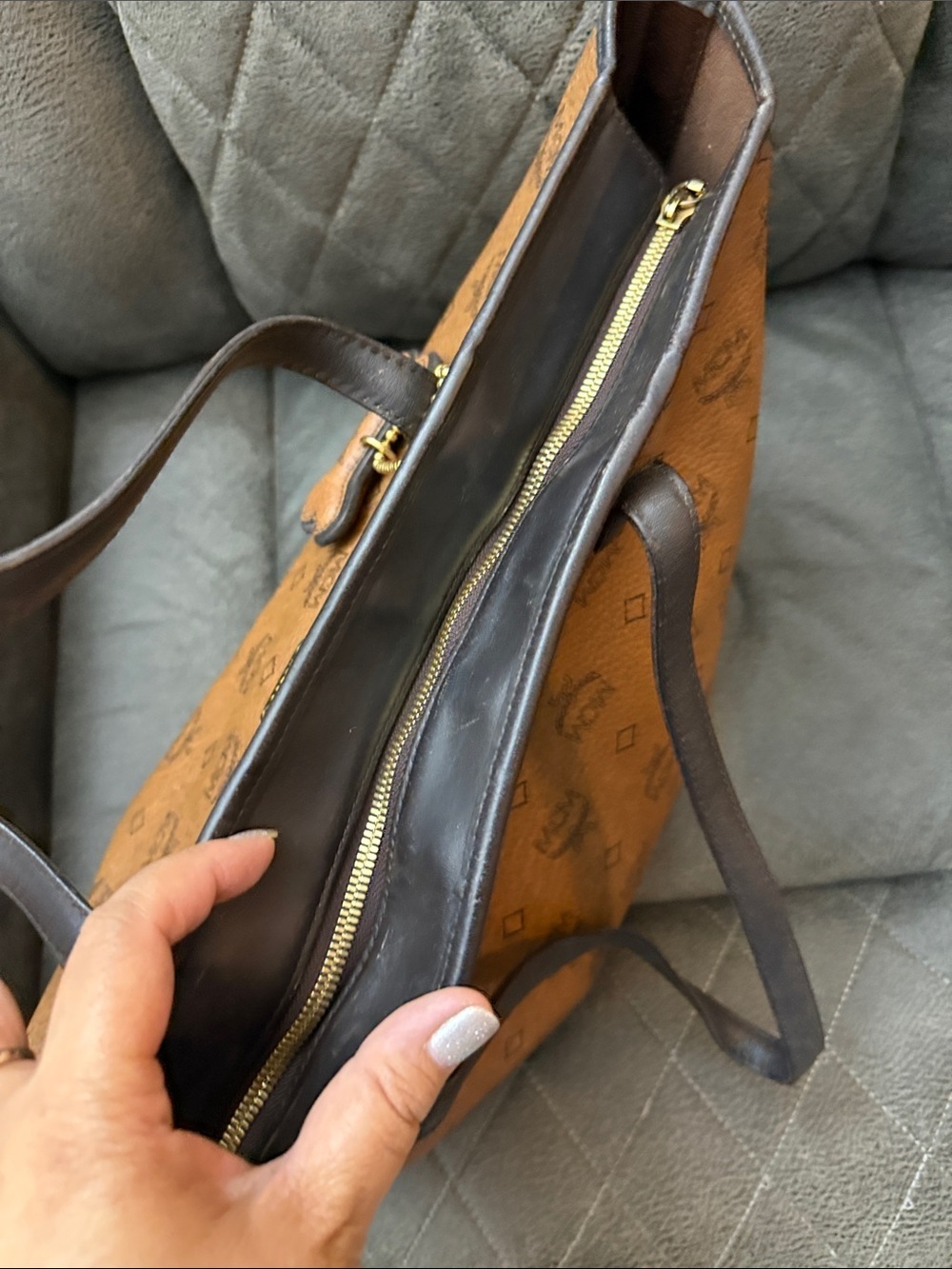 MCM Cognac Visetos Tote with Dark Brown Handles and Bone Charm - Picture 6 of 7